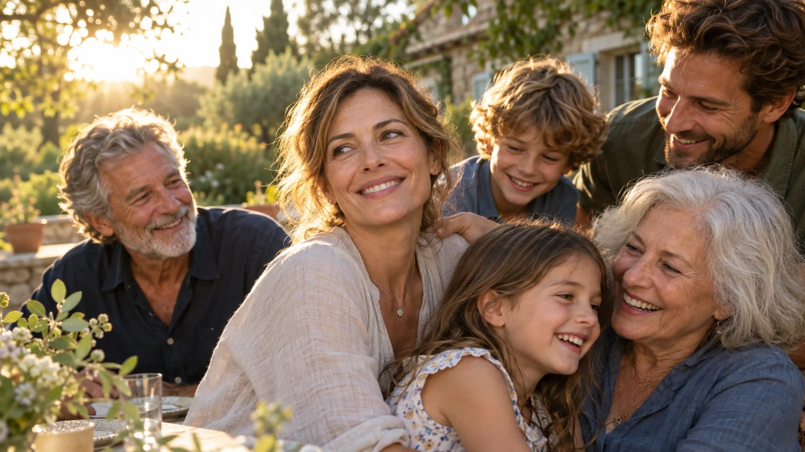 A woman in her late forties smiles with her family in a candid outdoor photograph.