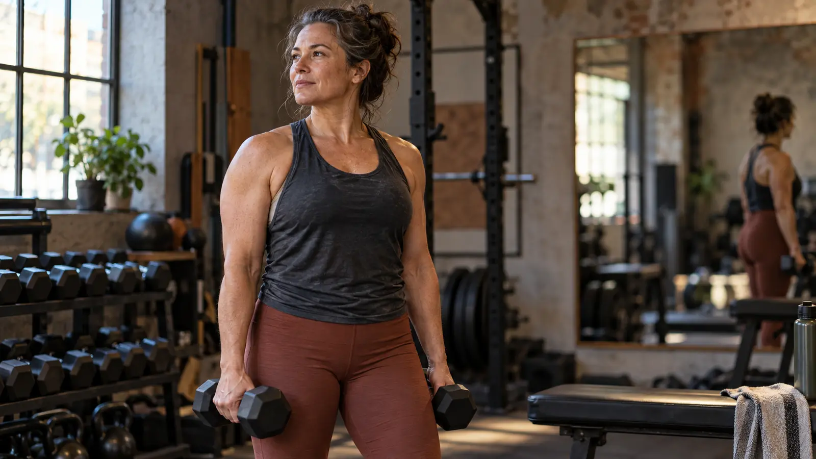 A woman in midlife moves with confidence and strength in warm natural light.