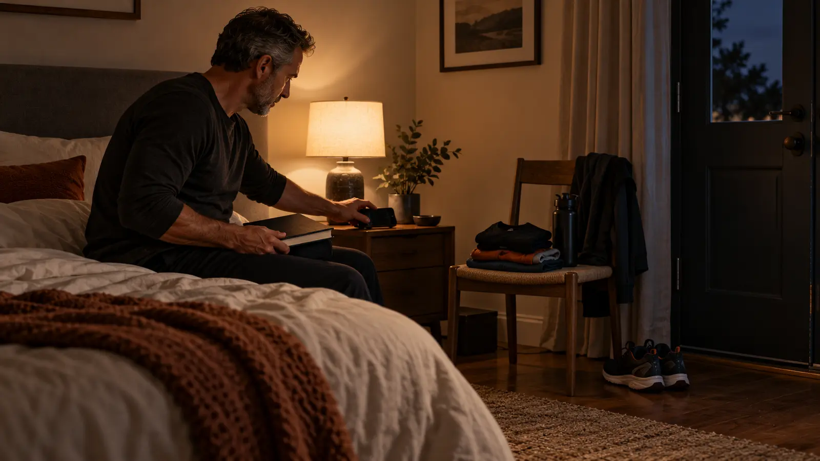 A midlife adult begins a quiet morning routine before the rest of the world wakes.