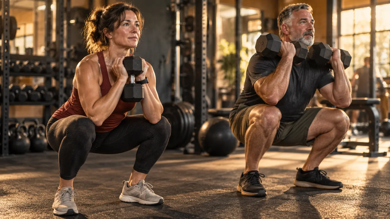 Two adults in midlife perform the same strength exercise with different weights.